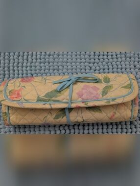 Floral Quilted Roll-Up Jewelry Organizer - Yellow with Blue Trim